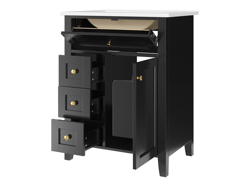 Meuble vasque noir brillant 61 cm avec 4 tiroirs, porte et étagères - Conforama E