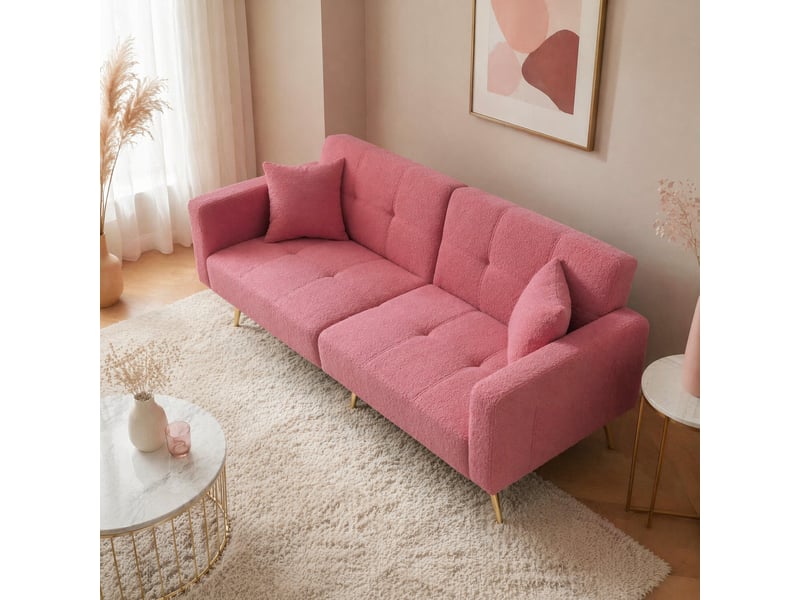 Canapé-lit modenvie 2 places réglable 175 x 64 x 72 cm rose tissu bouclette pieds dorés  - Conforama D