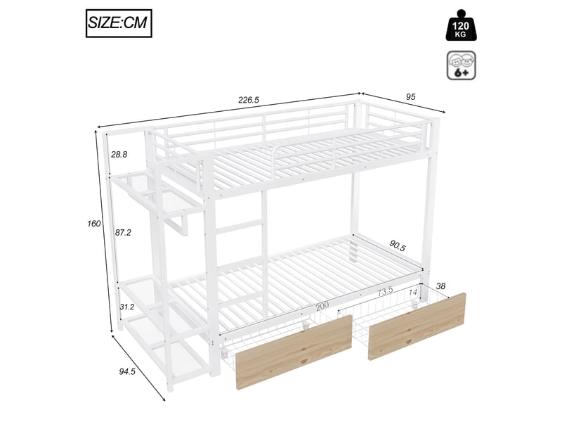 Lit superposé avec 2 tiroirs, étagères, led et penderie, métal blanc, 90x200 cm, sans matelas - Conforama C