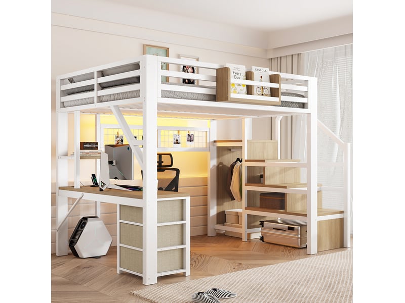  Lit mezzanine 140x200 cm, métal blanc, équipé d'armoire, d'escalier, de led, de 3 tiroirs, de bureau et de rangements, sommier à lattes  - Conforama E