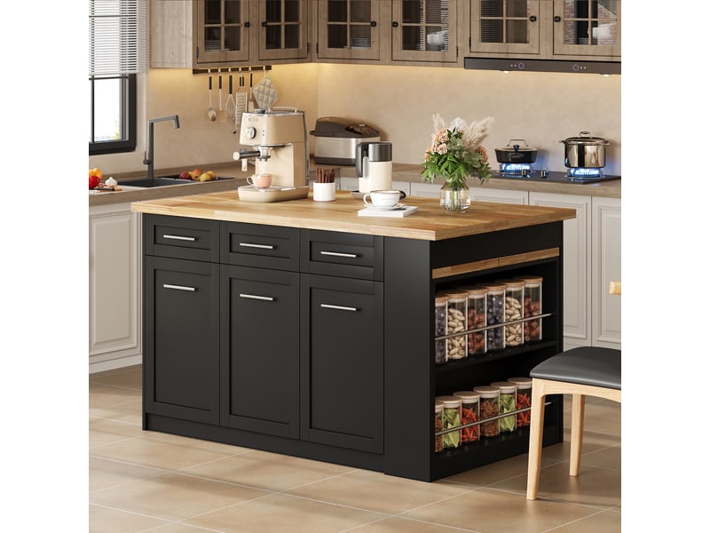  Îlot central avec table escamotable 150 cm, îlot de cuisine noir et bois, meuble de rangement mdf style européen  - Conforama R