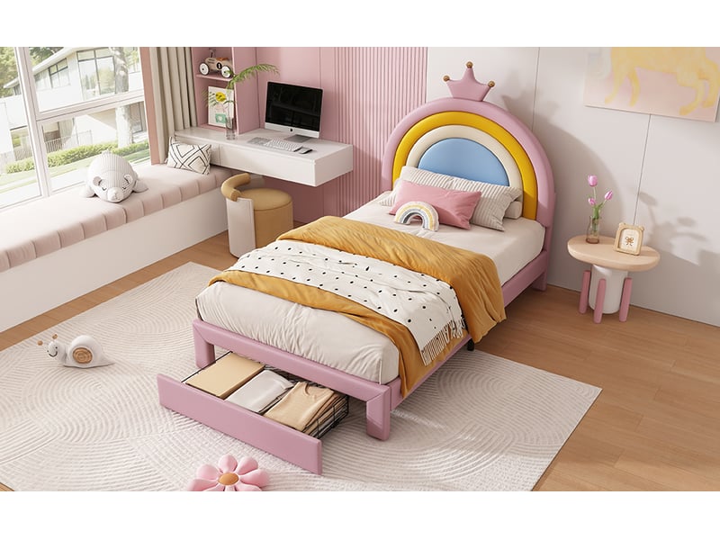  Lit coffre capitonné enfant 90x200 cm rose pu tête de lit réglable motif arc en ciel et couronne avec tiroir Sol Morn - Conforama B