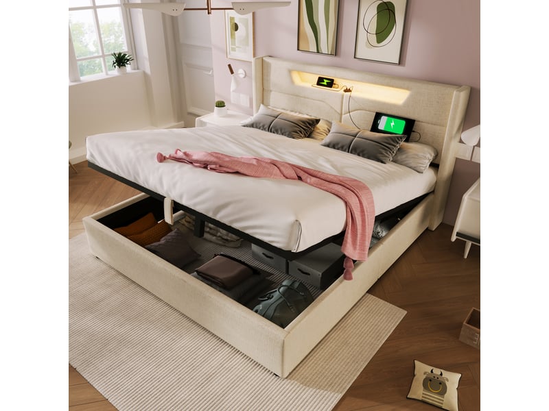  Lit coffre 160x200 cm beige en lin avec matelas led usb type c et sommier à lattes evarich - Conforama B