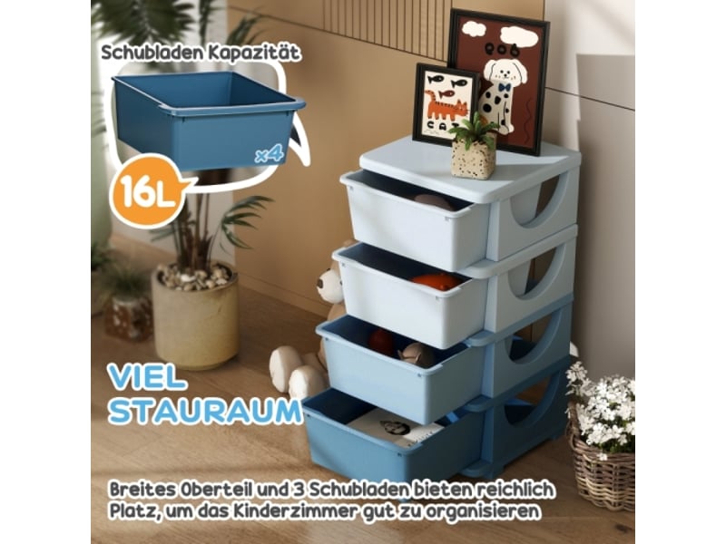  Boîte rangement enfant bleue, 4 tiroirs en plastique, bords arrondis, design surélevé  - Conforama D