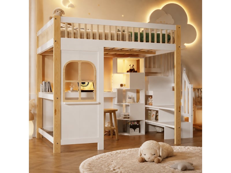  Lit mezzanine enfant 140 x 200 cm avec bureau, rangements, led et prise blanc et naturel  - Conforama B