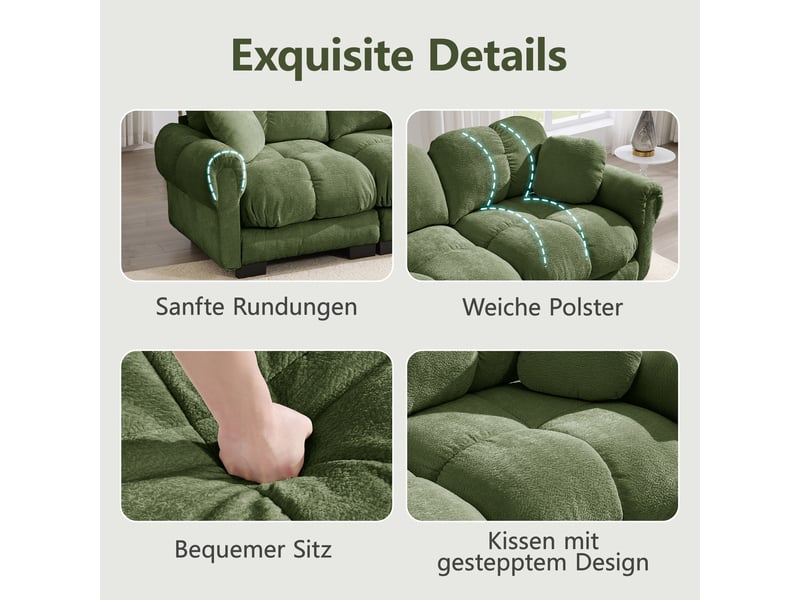  Canapé panoramique 3 places en u avec ottomane mobile et coussins, tissu chenille vert, design steppé pour salon moderne  - Conforama D