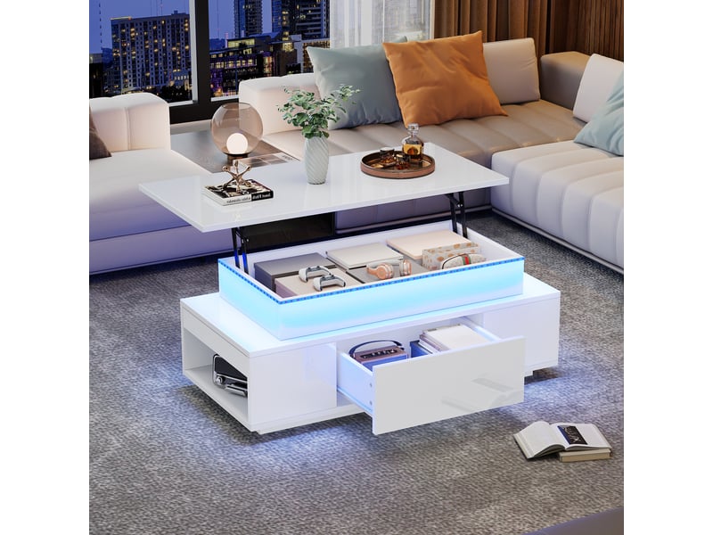  Table basse relevable blanche avec rangement caché, plateau hydraulique et éclairage led, 96x45x40cm  - Conforama W