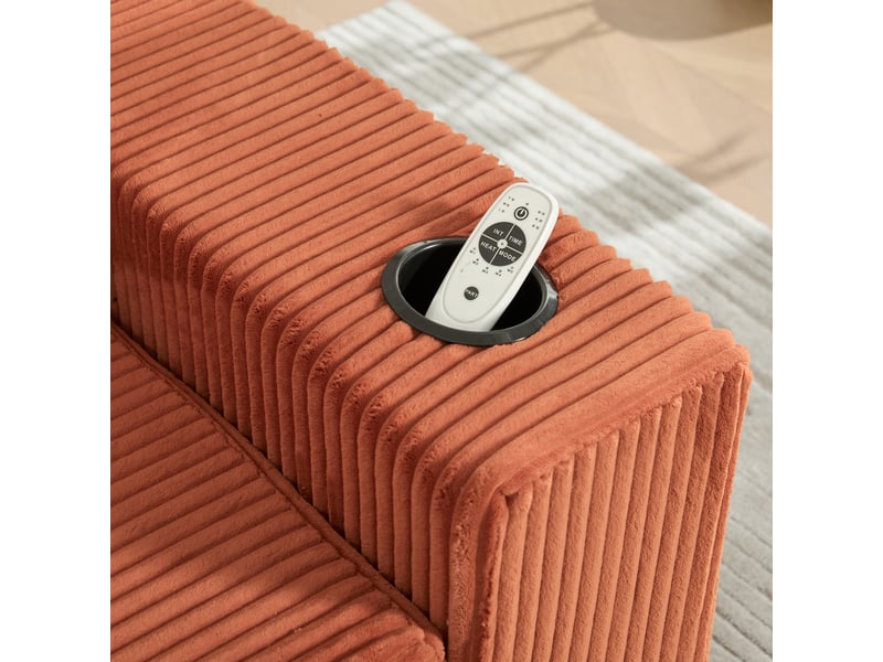 Canapé modulable 2 places orange en velours côtelé avec rangement latéral et portes-gobelets - Conforama E