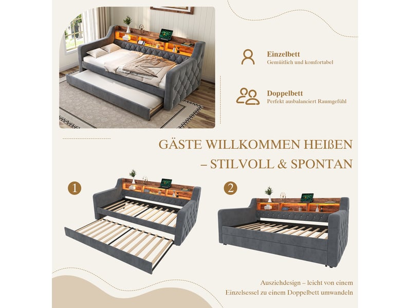  Lit gigogne enfant 90x190 cm, avec led, rangement, port usb-c, gain de place, sommier, velours gris foncé, sans matelas  - Conforama E
