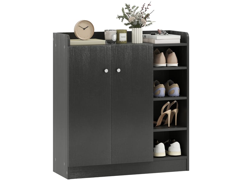  Meuble à chaussures entrée multifonctionnel, 4 étagères ouvertes, 2 portes étagères réglables, 12 paires, gain de place, 83 x 30 x 90 cm, noir  - Conforama A
