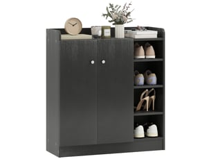 Meuble à chaussures entrée multifonctionnel, 4 étagères ouvertes, 2 portes étagères réglables, 12 paires, gain de place, 83 x 30 x 90 cm, noir