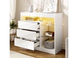 Buffet 90x35x80 cm - éclairage led - usb et usb-c - grand rangement - 3 tiroirs - verre - design moderne - vaisselier - meuble de rangement - blanc