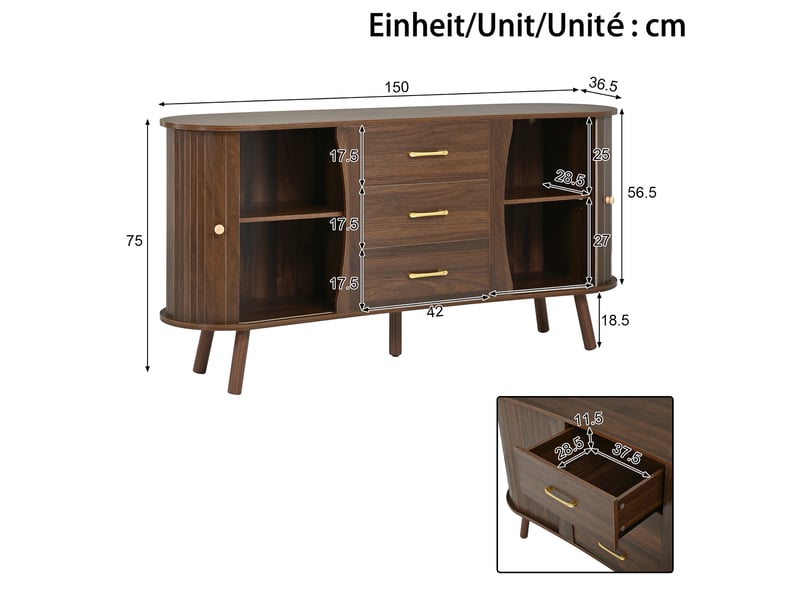  Ensemble de meubles de salon 3 pièces effet noyer, meuble tv 160 cm, buffet 150 cm, table basse 108 cm et portes coulissantes rainurées  - Conforama C