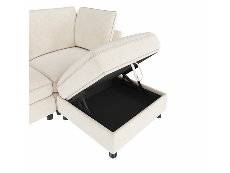  Canapé d’angle modulable U/L, beige, 6 places, chenille, pouf rangement, design nuage  - Conforama E