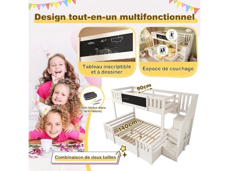  Lit superposé 3 places 90x200 et 140x200 bois massif blanc - tableau noir et escalier de rangement  - Conforama D