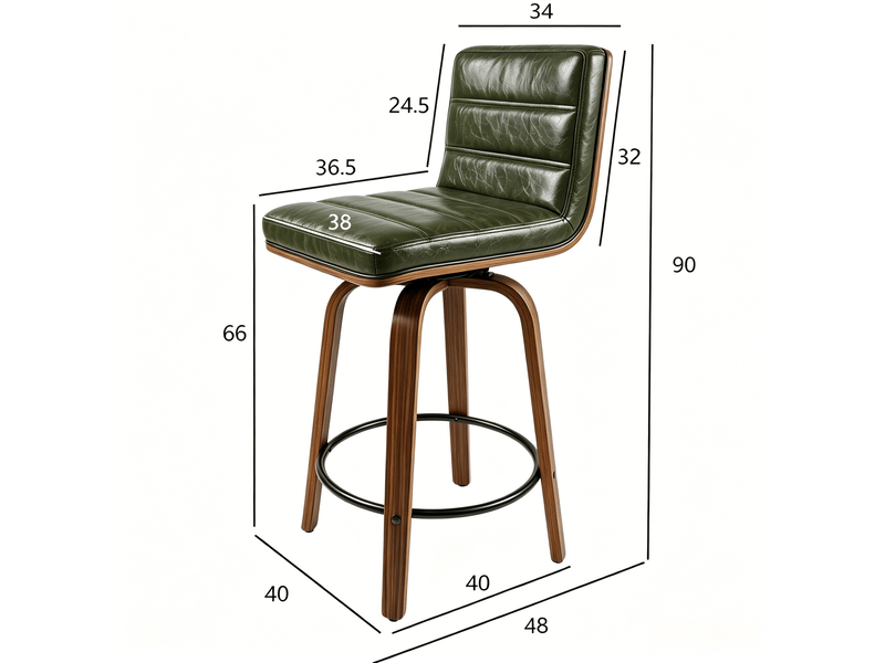  Tabouret de bar pivotant avec dossier ergonomique, anneau repose-pieds et patins antidérapants, en métal et bois vert  - Conforama D