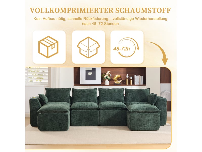  Canapé modulable compression d'angle en u,322x161x75cm,velours côtelé,canapé 4 places avec 2 poufs,porte-gobelets,poches latérales,sans montage,vert  - Conforama E