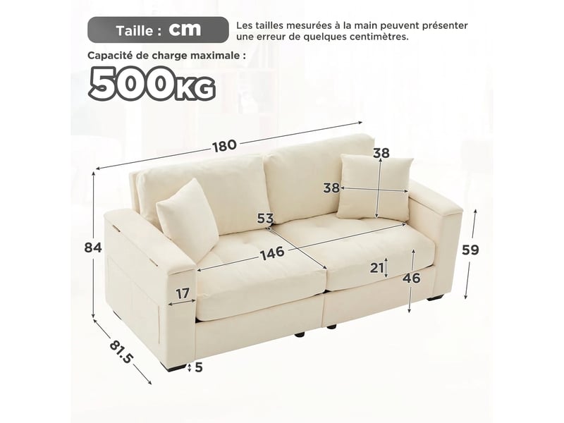  Canapé 2 places beige en tissu chenille 180 cm moderne avec rangement  - Conforama E