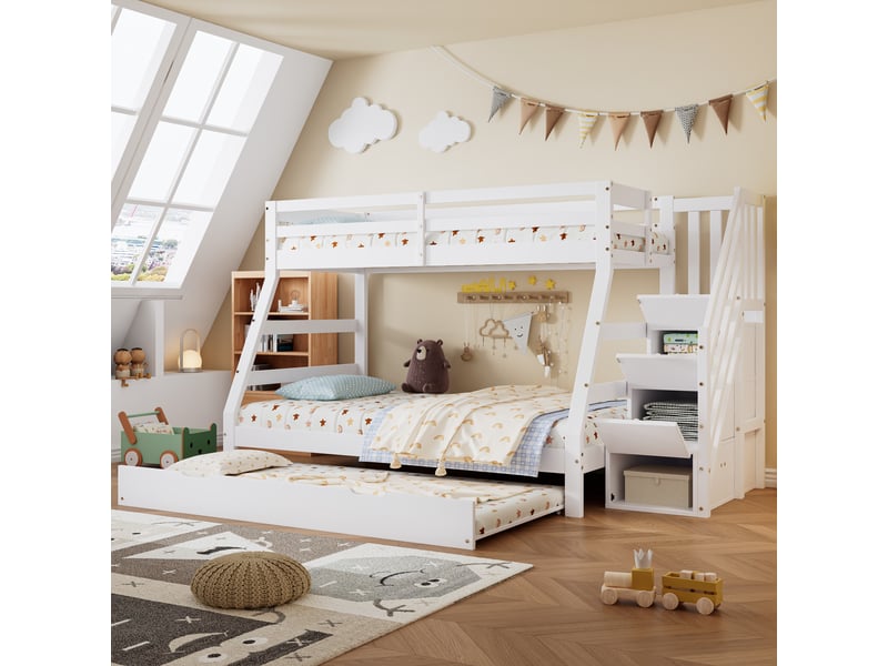 Lits superposés 90x200cm lit gigogne avec escalier et compartiment et barrières - lit en bois - blanc (sans matelas) - Conforama B