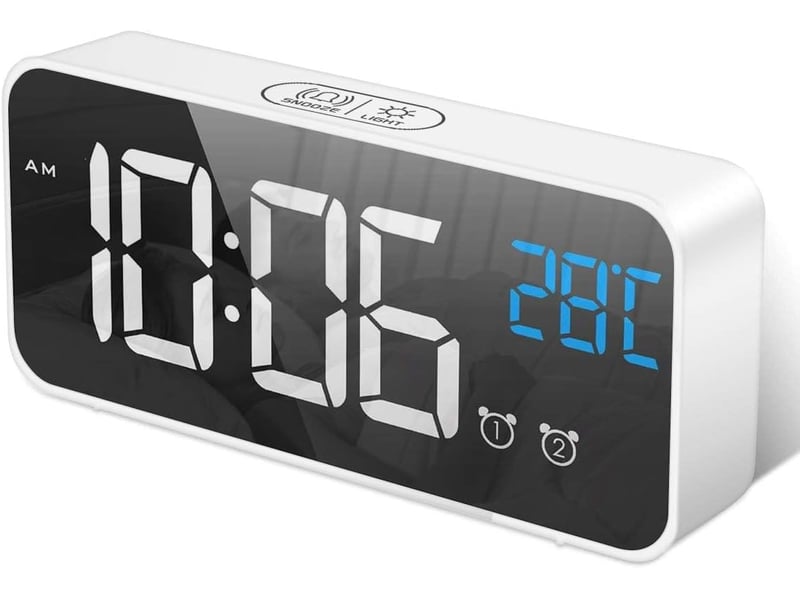 Réveil numérique avec grand affichage de la température led, alarme de miroir portable avec double alarme roupillon temps gradateur(blanc) - Conforama A