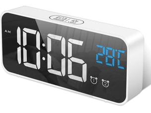 Réveil numérique avec grand affichage de la température led, alarme de miroir portable avec double alarme roupillon temps gradateur(blanc)