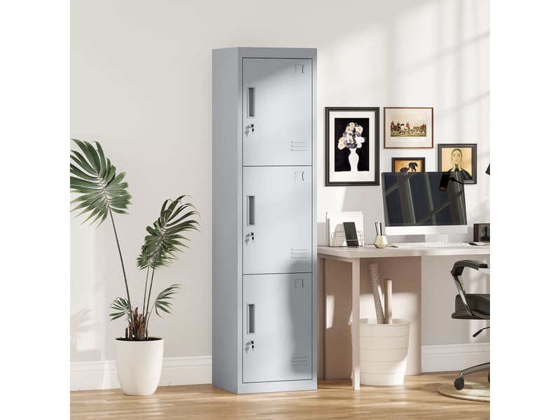  Armoire de bureau en acier avec 3 portes indépendantes, serrure et 2 clés, 45 x 38 x 180 cm, gris clair  - Conforama C
