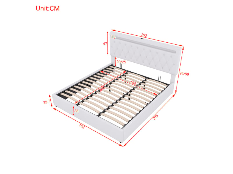  Lit coffre 180x200 cm blanc avec éclairage led, ports usb et sommier à lattes  - Conforama C