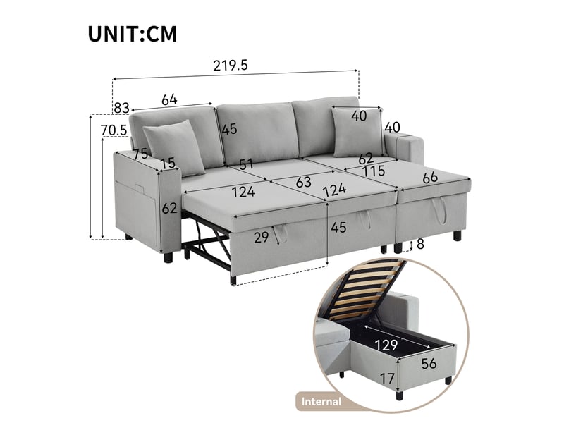  Canapé d'angle convertible réversible 219x142x83 cm - fonction lit rangement porte-gobelets - gris BUYDEEMEUS - Conforama C