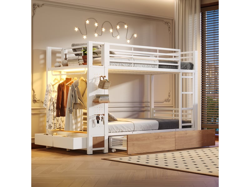  Lit superposé 90x200 cm tiroirs de rangement éclairage led garde-corps matelas non inclus métal et mdf blanc OPULERANE TRADING LTD - Conforama B