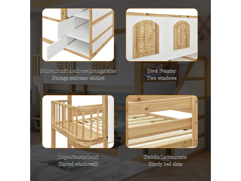  Lit mezzanine blancnaturel 90x200 cm, pin massif, mdf et contreplaqué, escalier de rangement et espace de jeu à fenêtres  - Conforama D