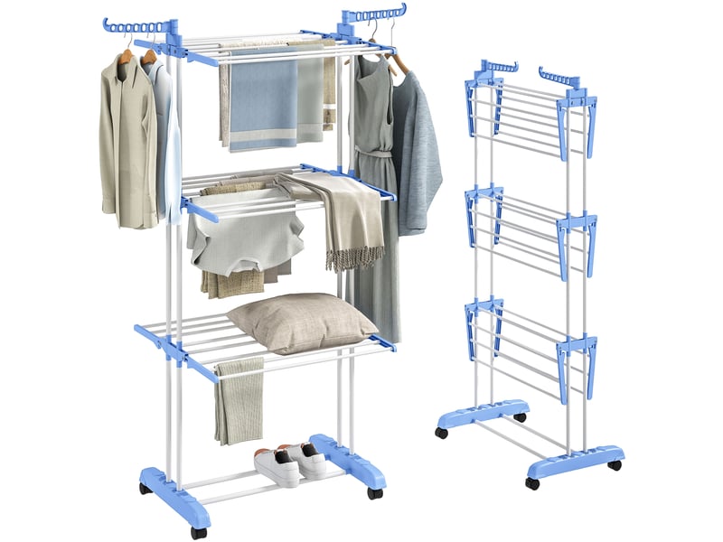 Séchoir à linge vertical pliable à roulettes, 3 niveaux avec ailettes repliables, 73 x 64 x 172 cm, bleu et blanc - Conforama A
