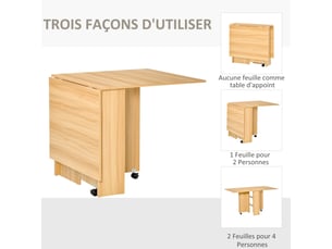 Table pliante de cuisine salle à manger amovible sur roulettes 2 étagères intégrées en bois coloris bois naturel 80l x 140l x 74h cm