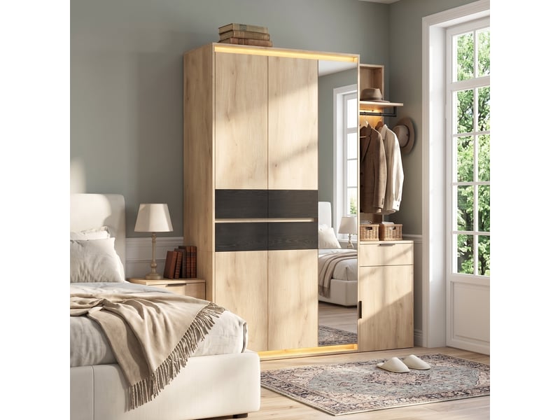 Armoire chambre 155x47x200 cm, vestiaire d'entrée moderne avec miroir et led, avec 3 tringles et 5 tiroirs, en mdf, chêne - Conforama C
