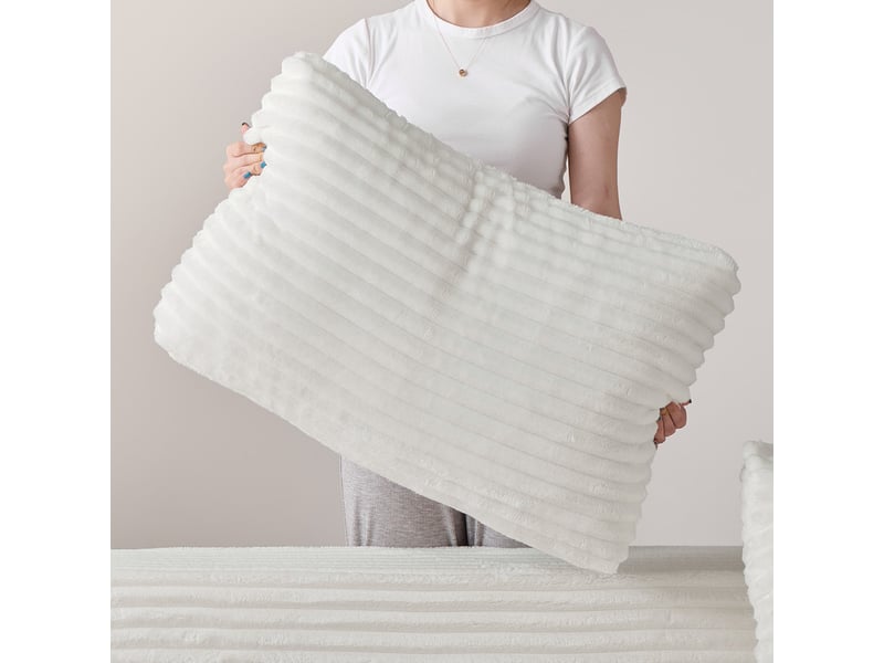  Canapé droit 2-en-1 en tissu côtelé, 2 coussins déco, porte-boissons et poches, 62x180x85 cm, beige  - Conforama E