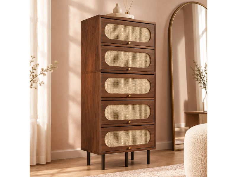  Commode de rangement 80x40x163 cm à 5 abattants en bois noyer, pieds en métal noir  - Conforama B