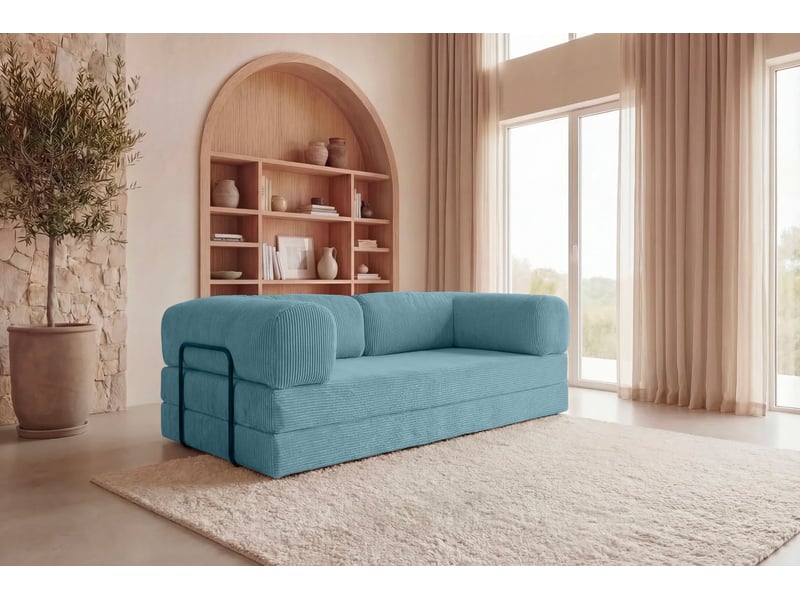  Cosima - canapé droit convertible petit velours côtelé 3 places bleu clair  - Conforama B