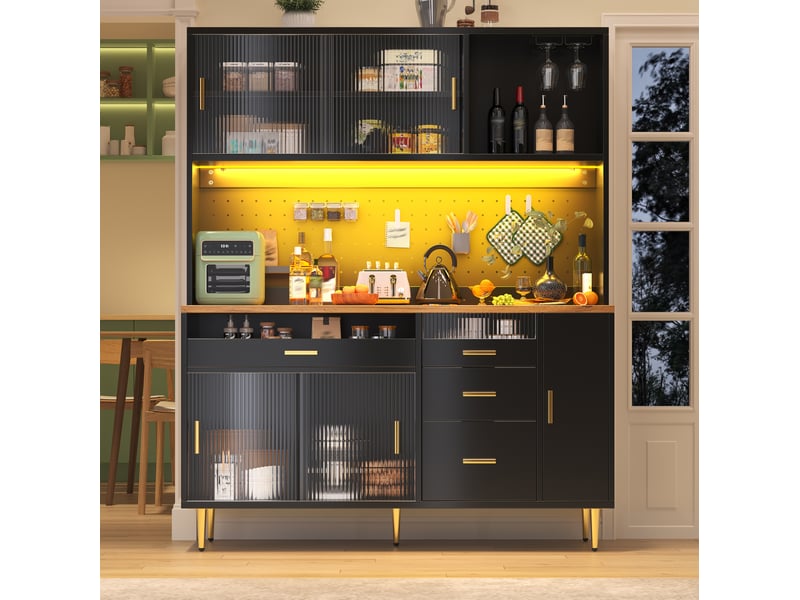  Buffet haut modenvie avec led et portes coulissantes en verre 145 x 39 x 171 cm noir  - Conforama D