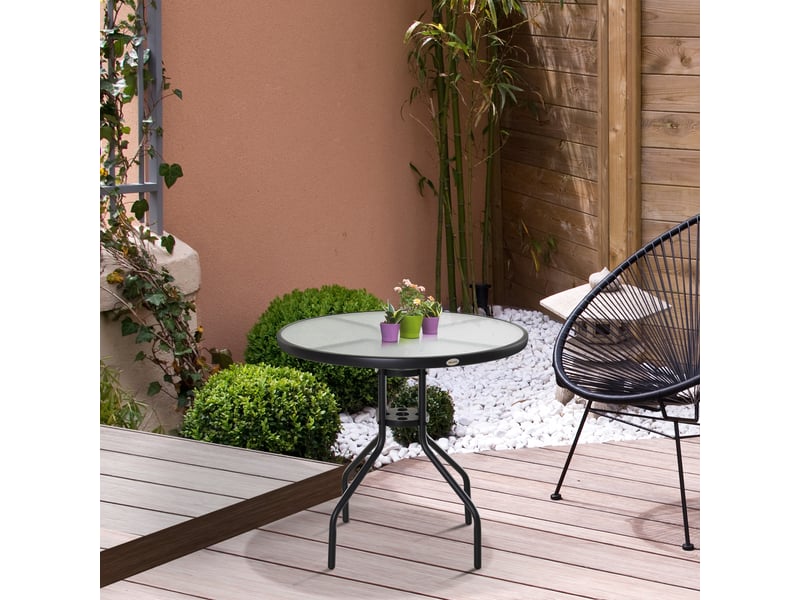  Table de jardin en acier noir avec plateau en verre trempé et trou pour parasol, ф80 x 72 cm  - Conforama C