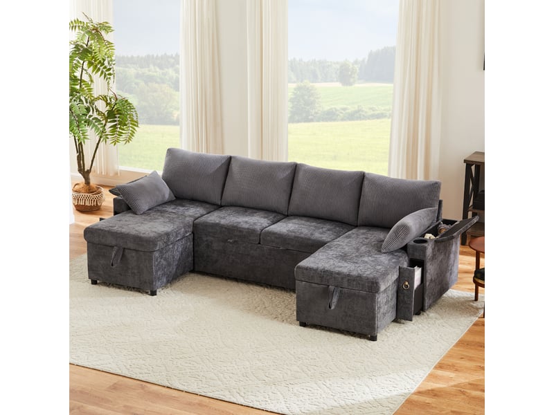  Canapé panoramique convertible en u 4 places 272 x 131 x 84 cm avec rangements, porte-gobelets et 2 coussins, chenille et velours côtelé gris  - Conforama B