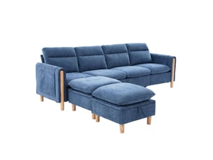 Canapé modulable en u 4 places bleu en tissu, 2 poufs de rangement et pieds en bois pour le salon familial