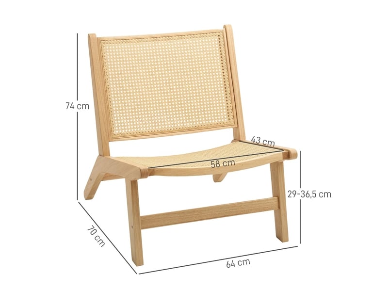  Fauteuil d'accent 64x70x74cm – chaise lounge individuelle sans accoudoir avec assise et dossier en cannage rattan – bois massif - naturel  - Conforama C