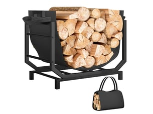 Porte-bûches intérieur avec sac amovible, cadre en métal noir, charge 50 kg