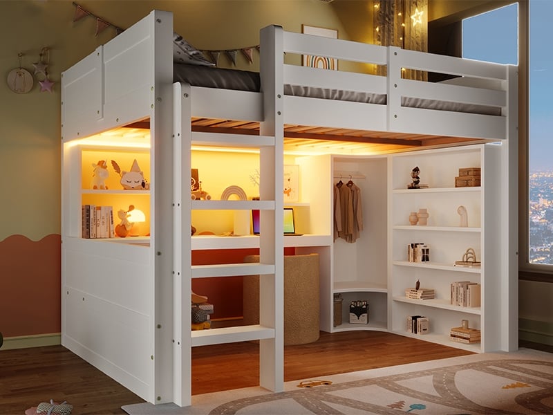  Lit superposé 140x200 cm, avec éclairage led, armoire, bureau, tiroirs, compartiments de rangement, blanc  - Conforama B