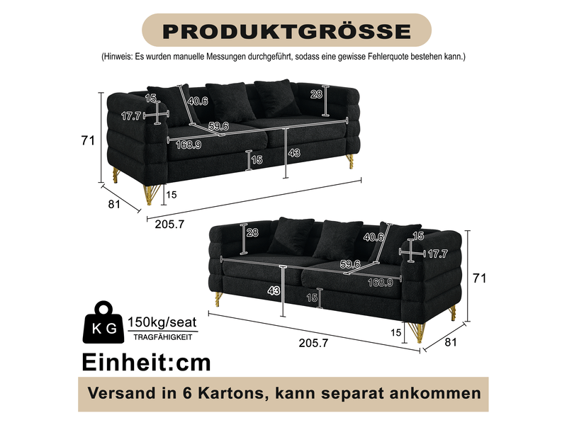  Canapé nuage noir en tissu bouclette, 205,7 x 81 x 71 cm, pieds en métal doré, coussins décoratifs, dossier ondulé  - Conforama C