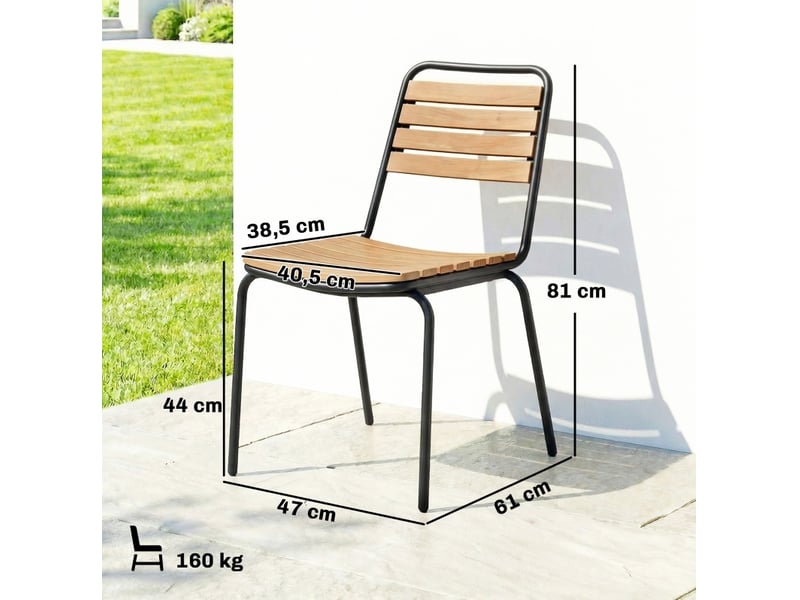 Lot de 2 chaises de jardin empilables en bois clair et acier noir, résistantes aux uv, pour terrasse - Conforama C