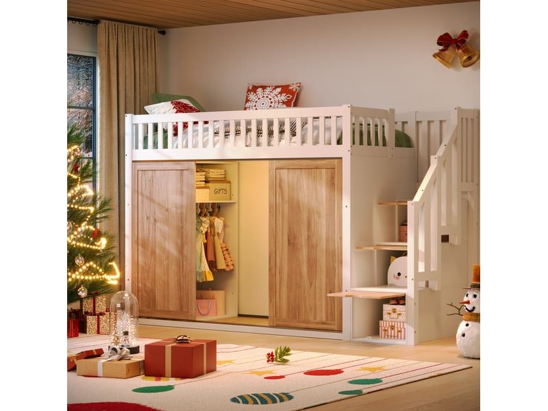  Lit mezzanine enfant 90x200 cm avec armoire et escalier, bois et mdf, blanc et décor chêne sans matelas  - Conforama B