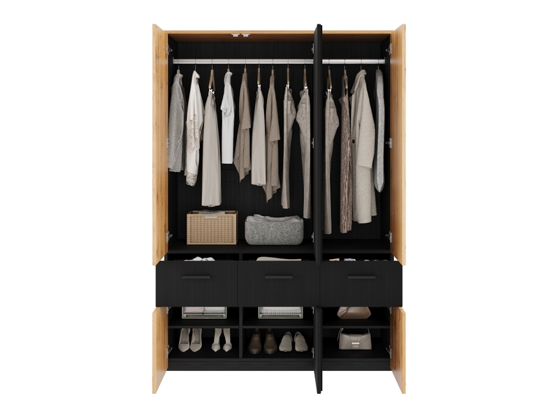 Armoire penderie haute portes persiennes 2 tringles 3 tiroirs 135x50x200 cm noir et bois  - Conforama W