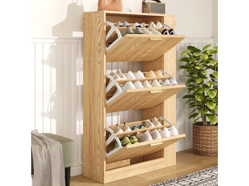  Meuble à chaussures moderne minimaliste en bois 3 portes grande capacité étagères ouvertes pour entrée  - Conforama E