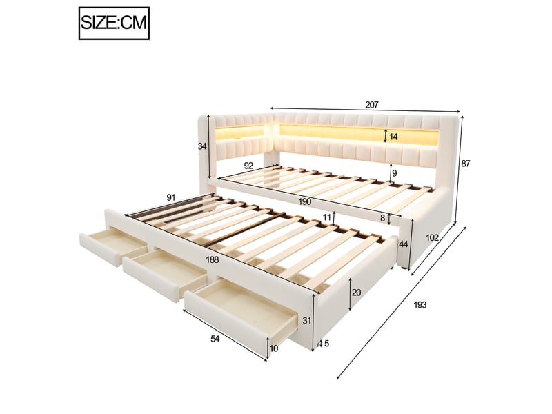 Lit banquette rembourré - 90x190 cm - convertible - tiroirs de rangement - rangements intégrés - éclairage led - port usb - beige CozyNest - Conforama D