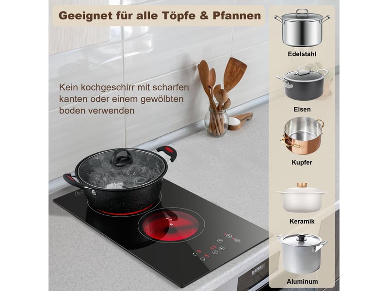 Plaque vitrocéramique 2 foyers 3000 w, plaque de cuisson encastrable 30 cm, commande tactile, 9 niveaux et minuteur 99 min  - Conforama W
